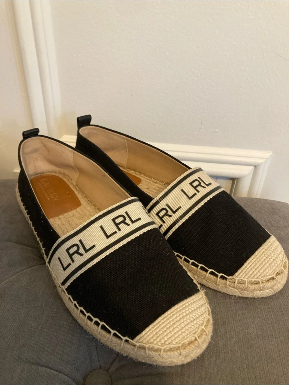 Lauren Ralph Lauren Black Canvas Espadrille Flats with Natural Jute Trim